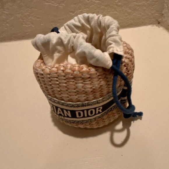 Christian Dior Beauty Mini Raffia Drawstring Top Bag Blue White Logo Coastal - Picture 2 of 10